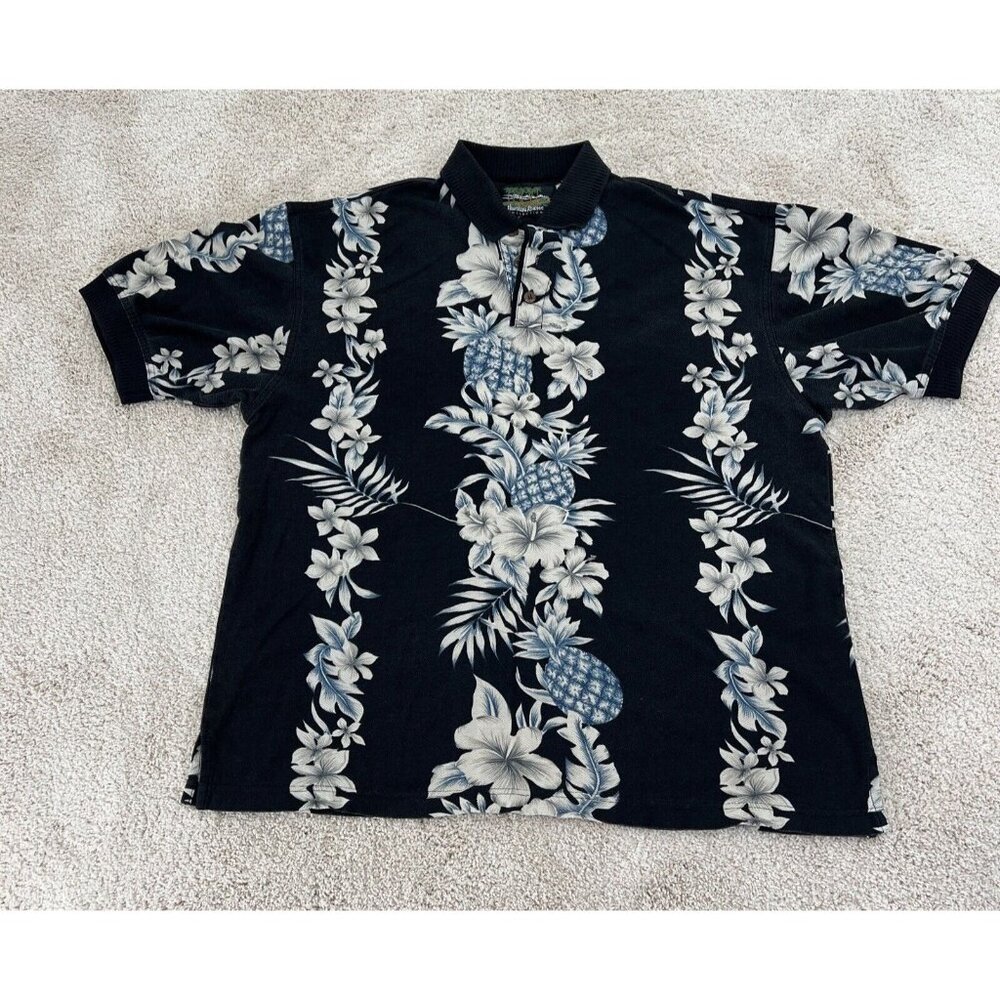 Hawaiian Reserve Mens Polo Shirt XL Short Sleeve Floral Hawaiian Black Textured